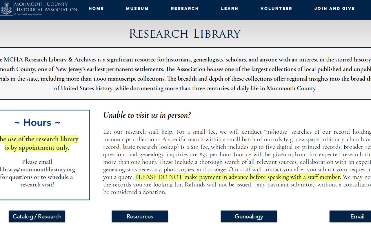 Monmouth County city directory historical association research library access