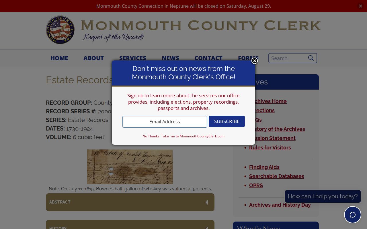 Monmouth County previous residents estate record collection