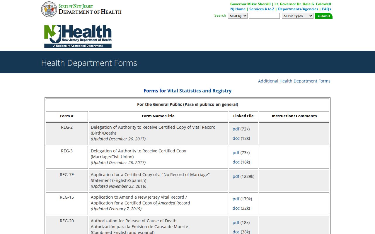 Monmouth County previous residents New Jersey vital record forms index
