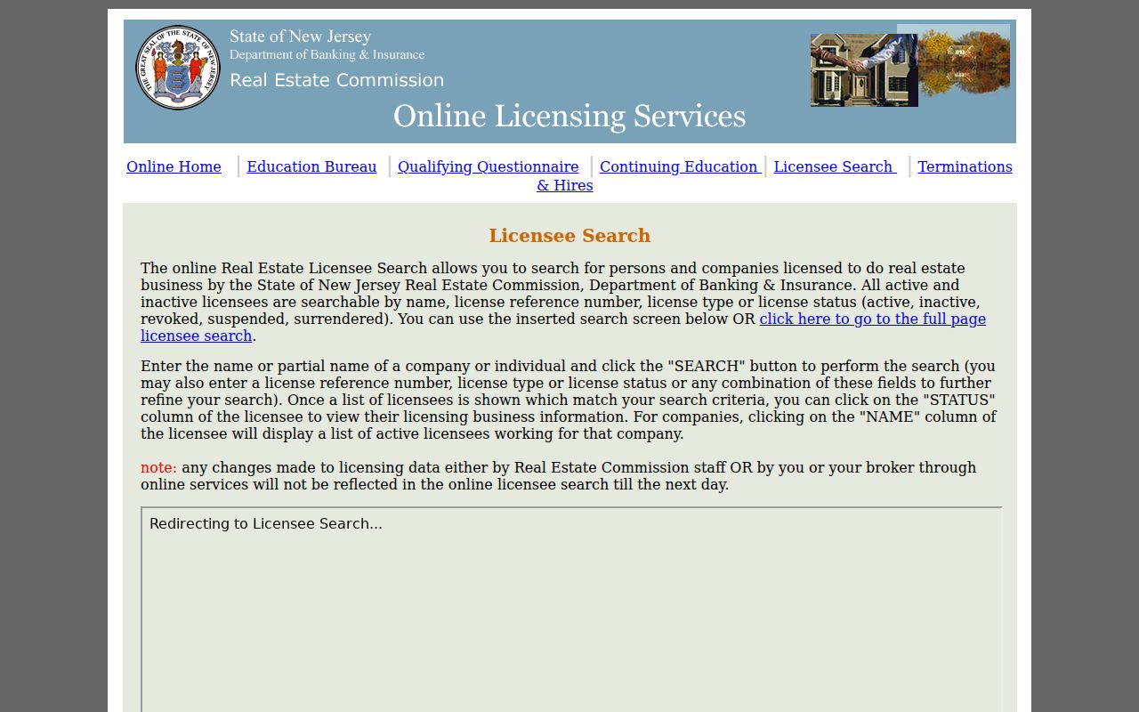 Monmouth resident lookup with New Jersey real-estate license search fields