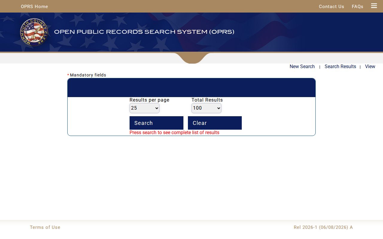 Monmouth County street directory OPRS custom recorded document search controls