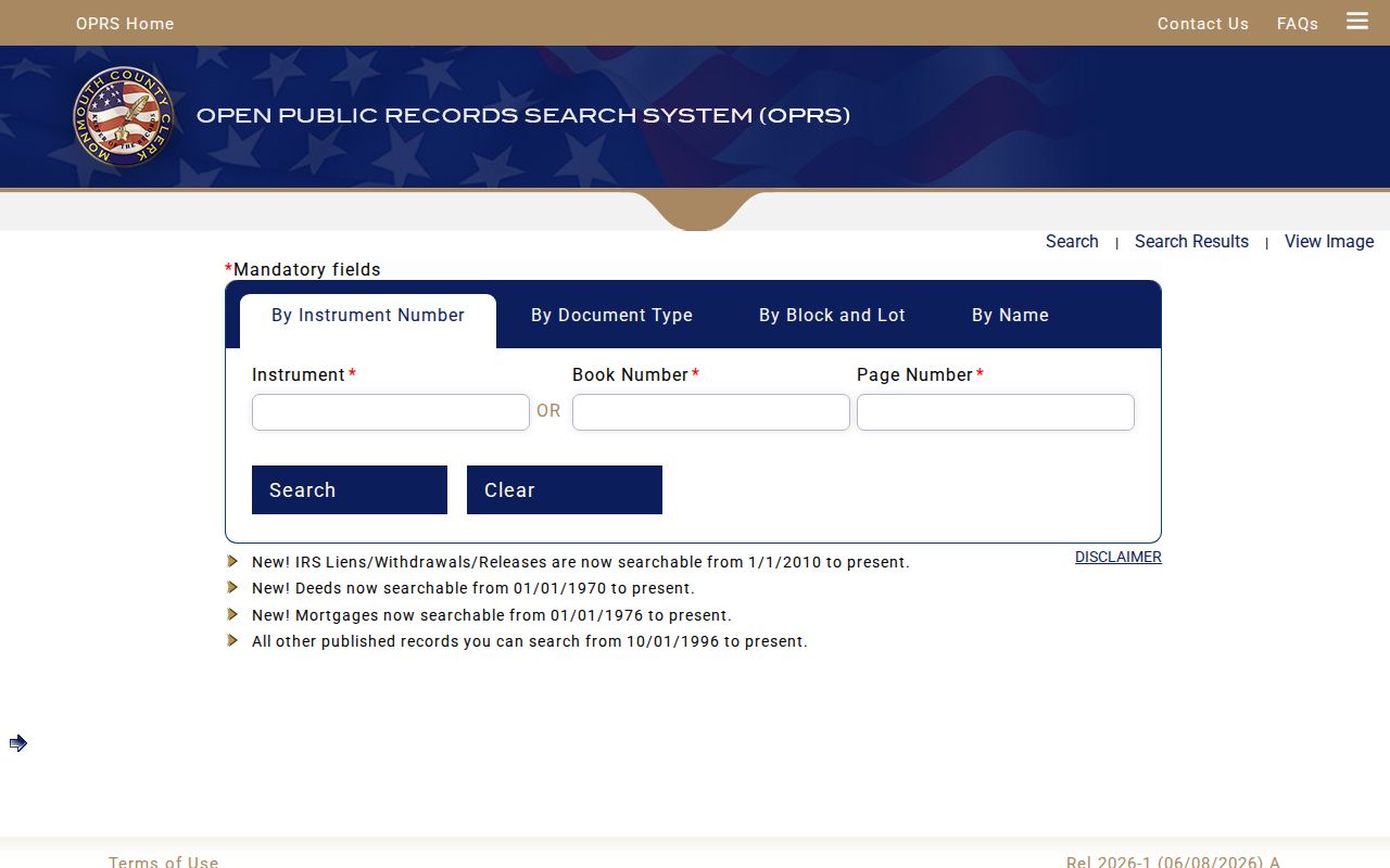 Monmouth County street directory County Clerk recorder index search